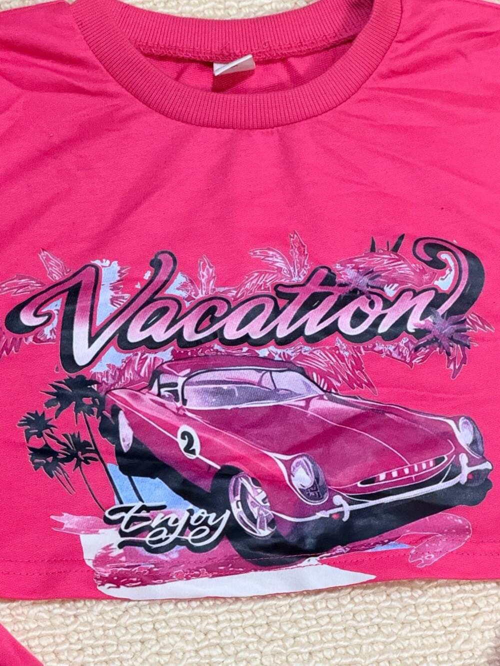 SHEIN Vacation Enjoy Car Print Crop Top Size 11Y Pink
